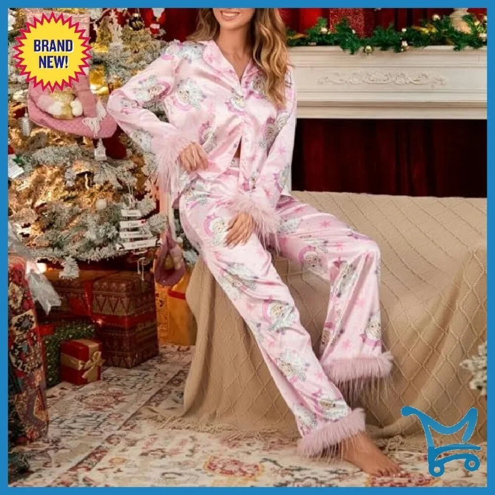 Women's Satin Pajama Set with Feather Trim Long Sleeve Button Top Pants